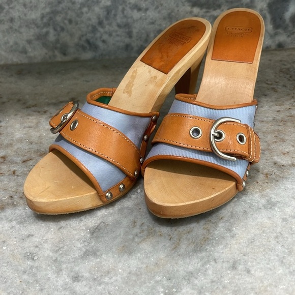 Coach Jackie Twill Pool Blue Canvas/Natural Leather Studded Open-toe Mule - Picture 6 of 6